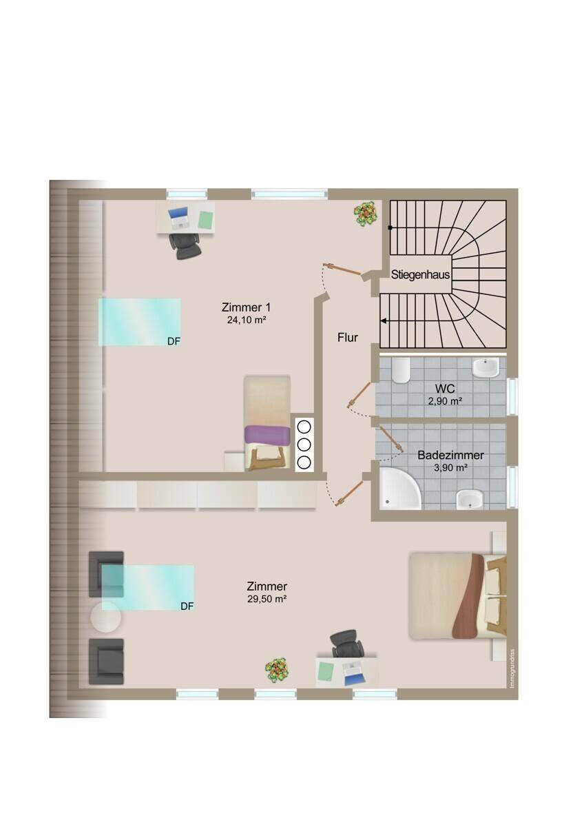 Grundriss des Dachgeschosses mit zwei Zimmern, Badezimmer, WC und Treppenhauszugang.