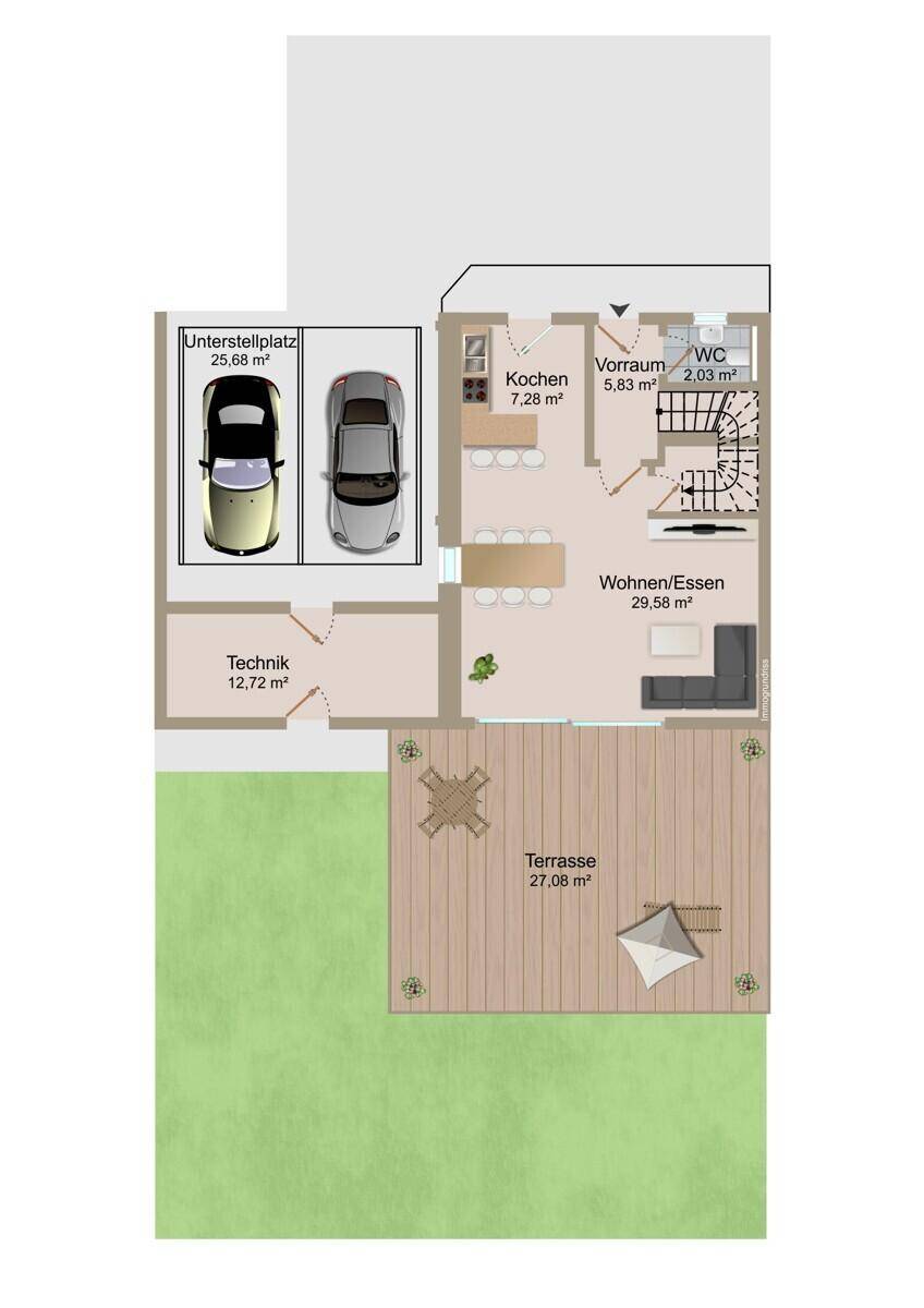 Grundriss des Erdgeschosses mit offener Küche, Wohn-/Essbereich und großer Terrasse.