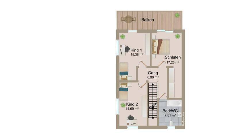 Grundriss des Obergeschosses mit drei Schlafzimmern, Bad und Balkonzugang.