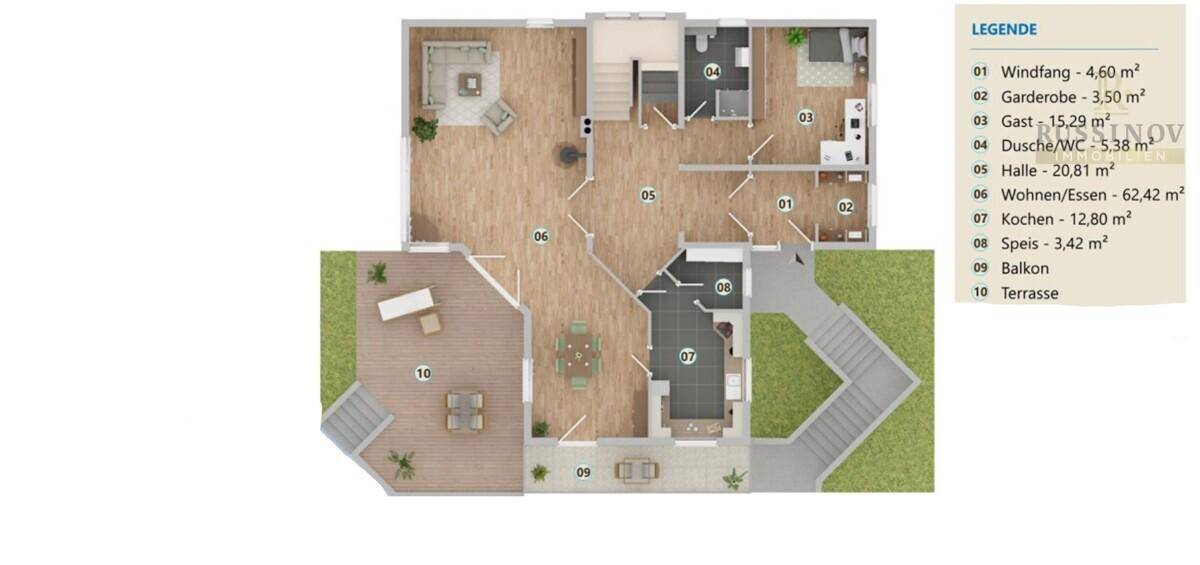 Grundriss mit offenem Wohn- und Essbereich, separater Küche, Gästezimmer und Zugang zu Balkon und Terrasse.