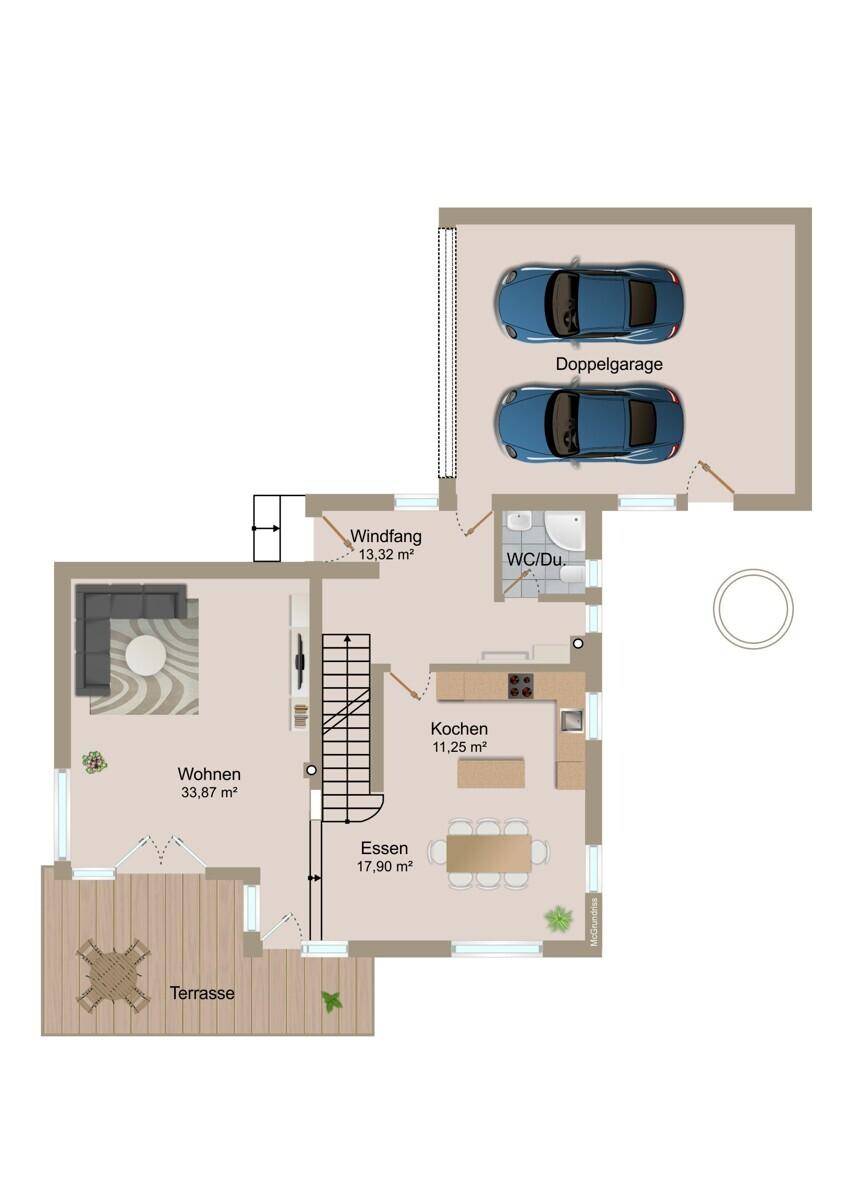 Grundriss des Erdgeschosses mit offenem Wohn-Essbereich, Küche und Doppelgarage.
