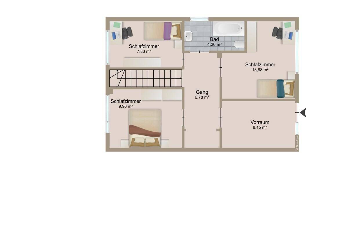 Grundriss des Obergeschosses mit drei Schlafzimmern, einem Badezimmer mit Badewanne und einem Flur.