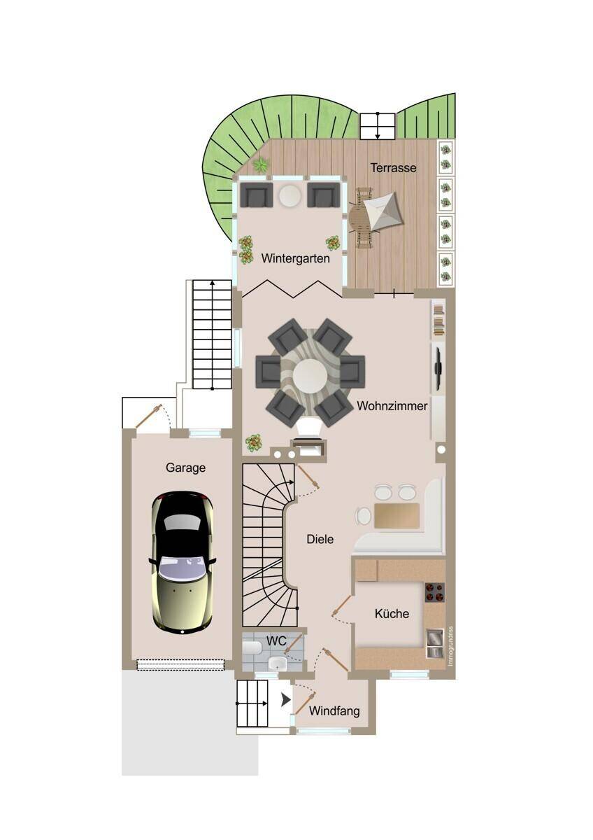 Alternativer Grundriss des Erdgeschosses mit Wintergarten, Garage, Küche und Terrasse.