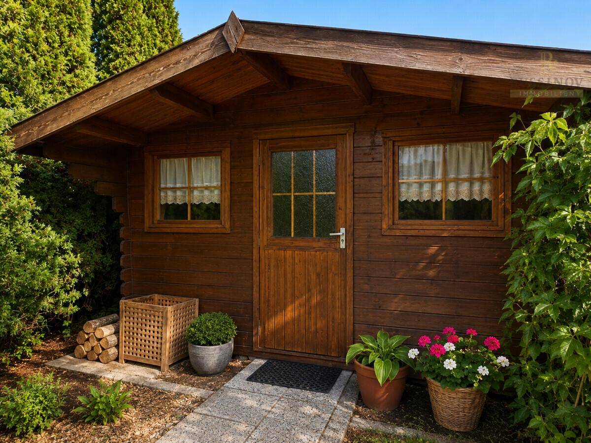 Rustikales Gartenhaus aus Holz mit kleinen Fenstern, umgeben von grünen Pflanzen und Blumen.