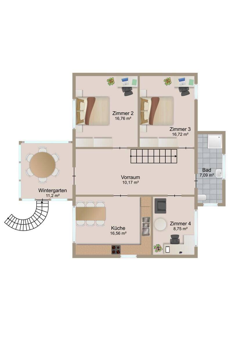 Grundriss des Obergeschosses mit Schlafzimmern, Badezimmer und einem Wintergarten.