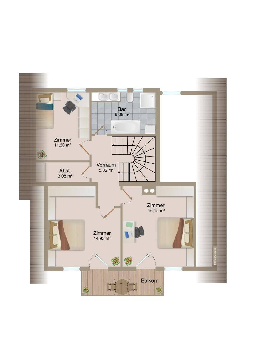 Grundriss des Obergeschosses mit drei Zimmern, einem Badezimmer und einem Balkon.