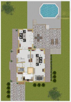 Grundriss des Erdgeschosses mit Garten, Pool und großzügiger Terrasse.