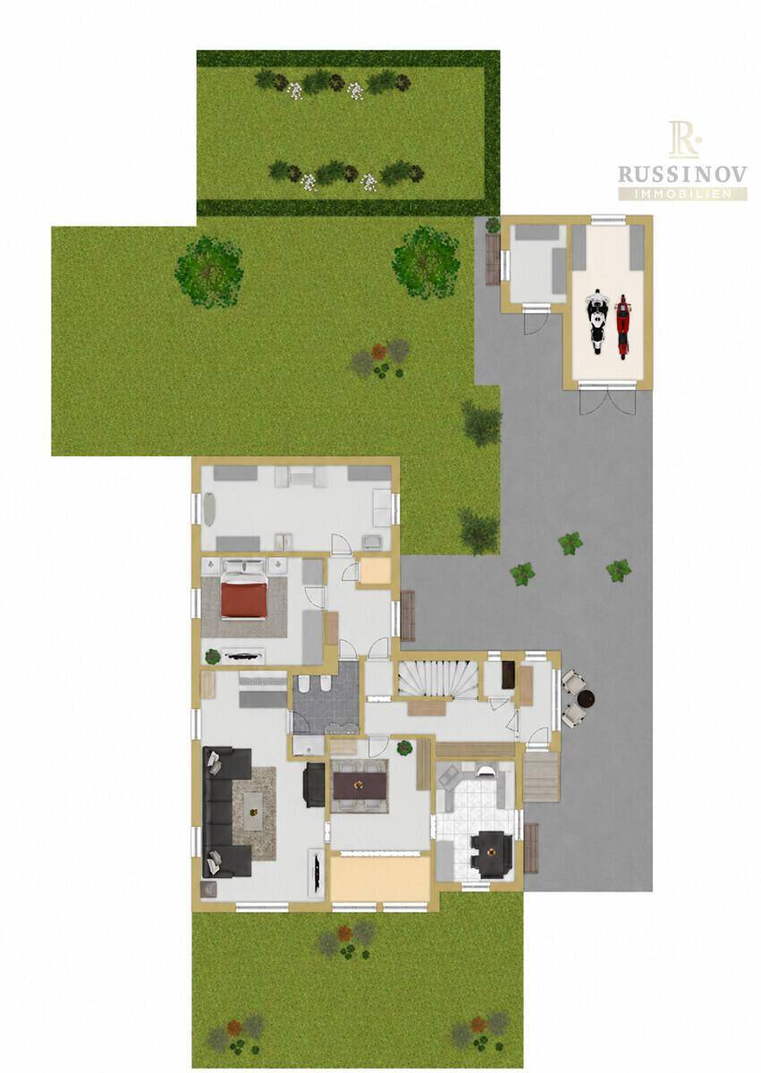 Grundriss des Hauses mit umliegendem Garten, Einfahrt und Garage.