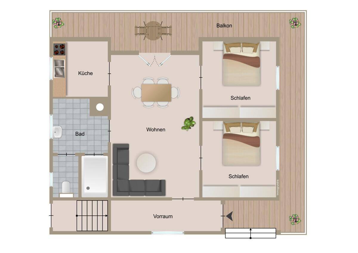 Grundriss einer Wohnung mit zwei Schlafzimmern, offenem Wohnbereich, Bad und Balkon.