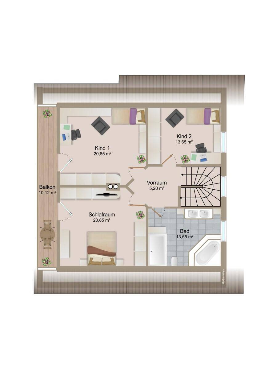 Grundriss des Obergeschosses mit drei Schlafzimmern, einem Badezimmer und einem Balkon.