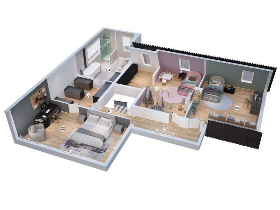 3D-Grundriss des Obergeschosses mit mehreren Schlafzimmern und Badezimmern.