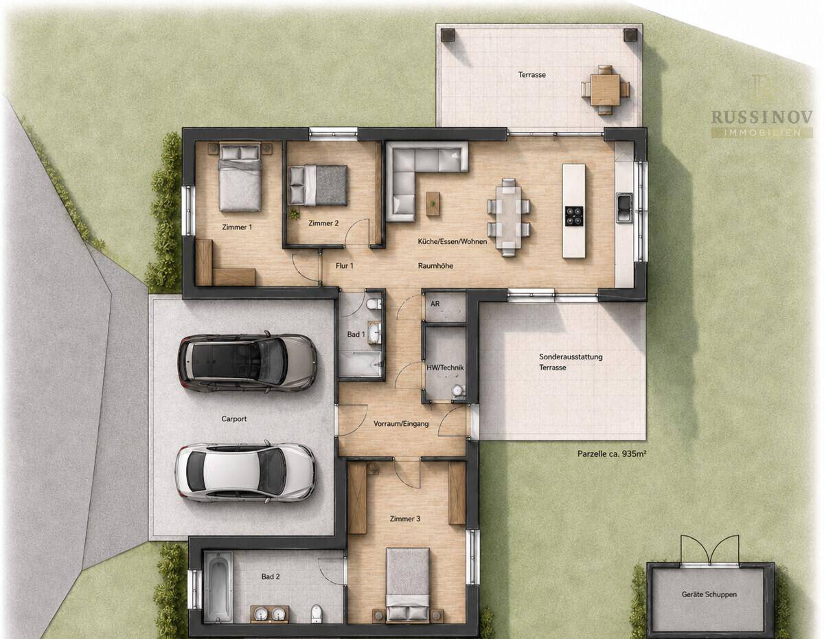 Detaillierter Grundriss eines Hauses mit drei Zimmern, offener Küche und Terrasse.