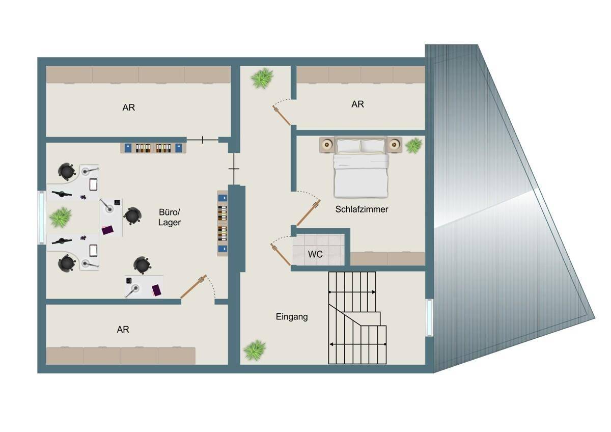 Grundriss mit Büro/Lager, Schlafzimmer, WC, Eingangsbereich und einer externen Rampe.