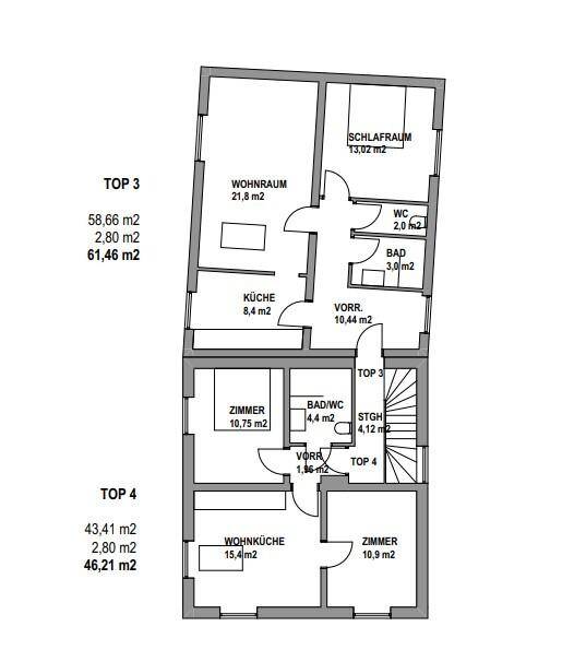 Grundriss für zwei weitere Wohneinheiten, detailliert die Zimmer, Bäder und Küchenbereiche.
