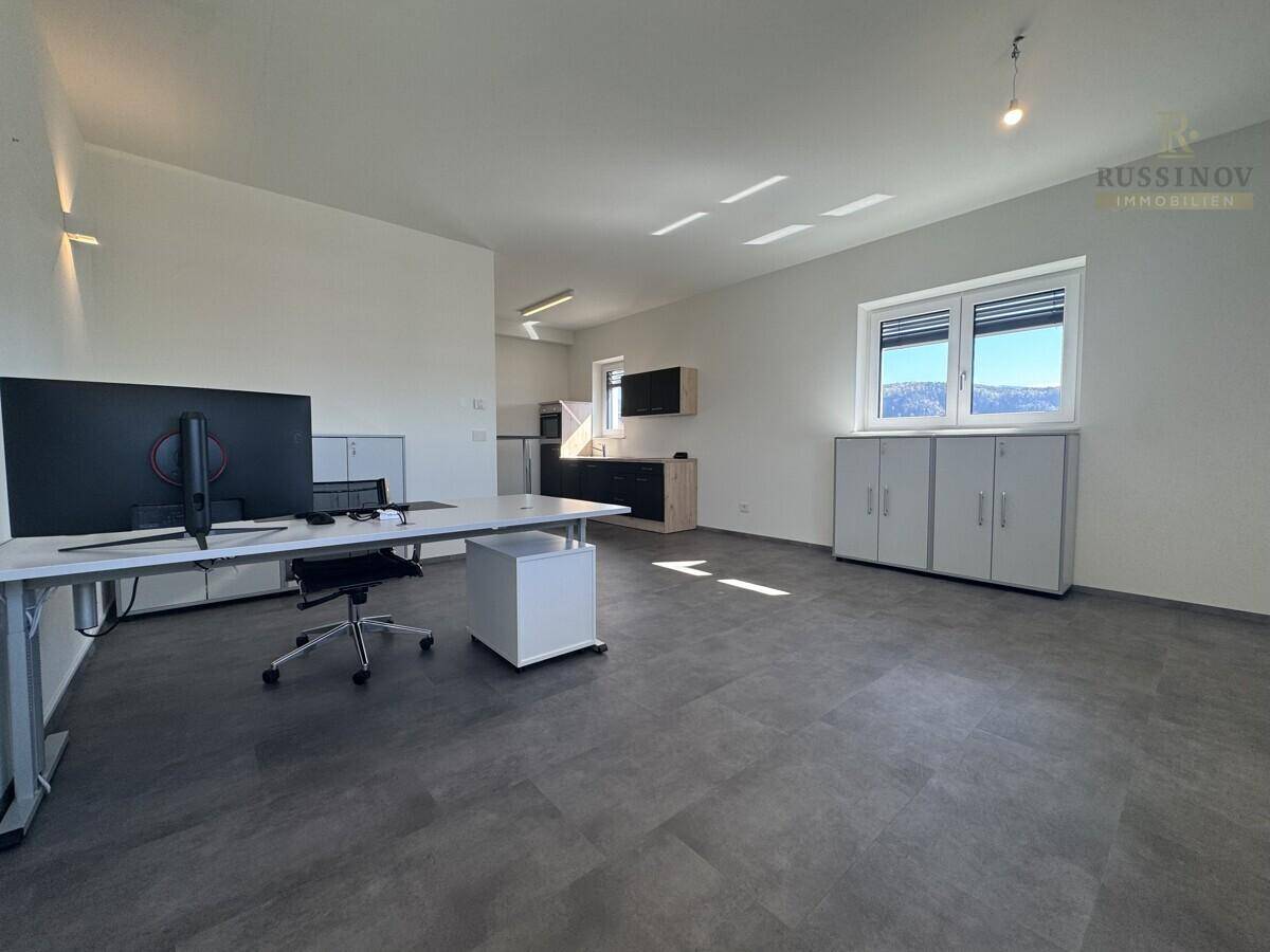 Geräumiges, helles Büro mit modernem Schreibtisch, Bürostuhl und Blick auf die Landschaft durch große Fenster.