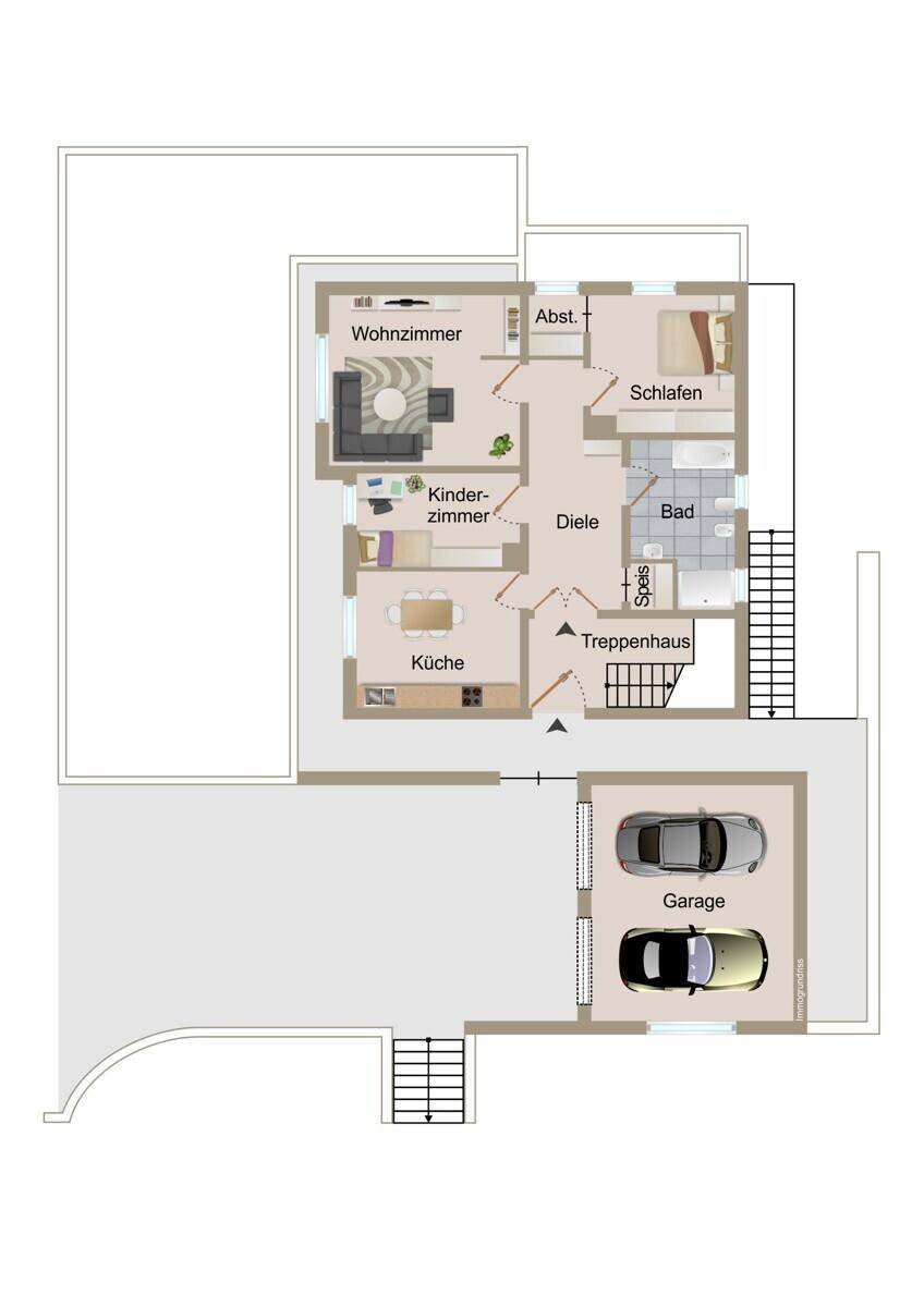 Grundriss eines Hauses mit Wohnzimmer, Kinderzimmer, Schlafzimmer, Küche, Bad und einer Doppelgarage im Untergeschoss.