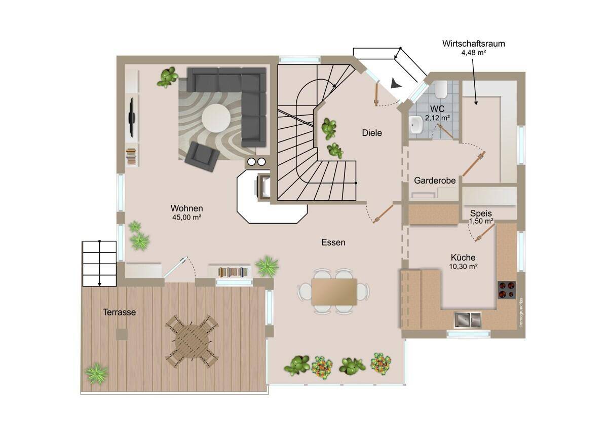 Grundriss des Erdgeschosses mit offenem Wohn-Essbereich, Küche und Terrasse.