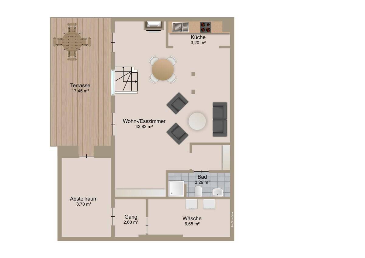 Grundriss des Erdgeschosses mit offenem Wohn-Essbereich, Küche, Bad mit Dusche und großer Terrasse.