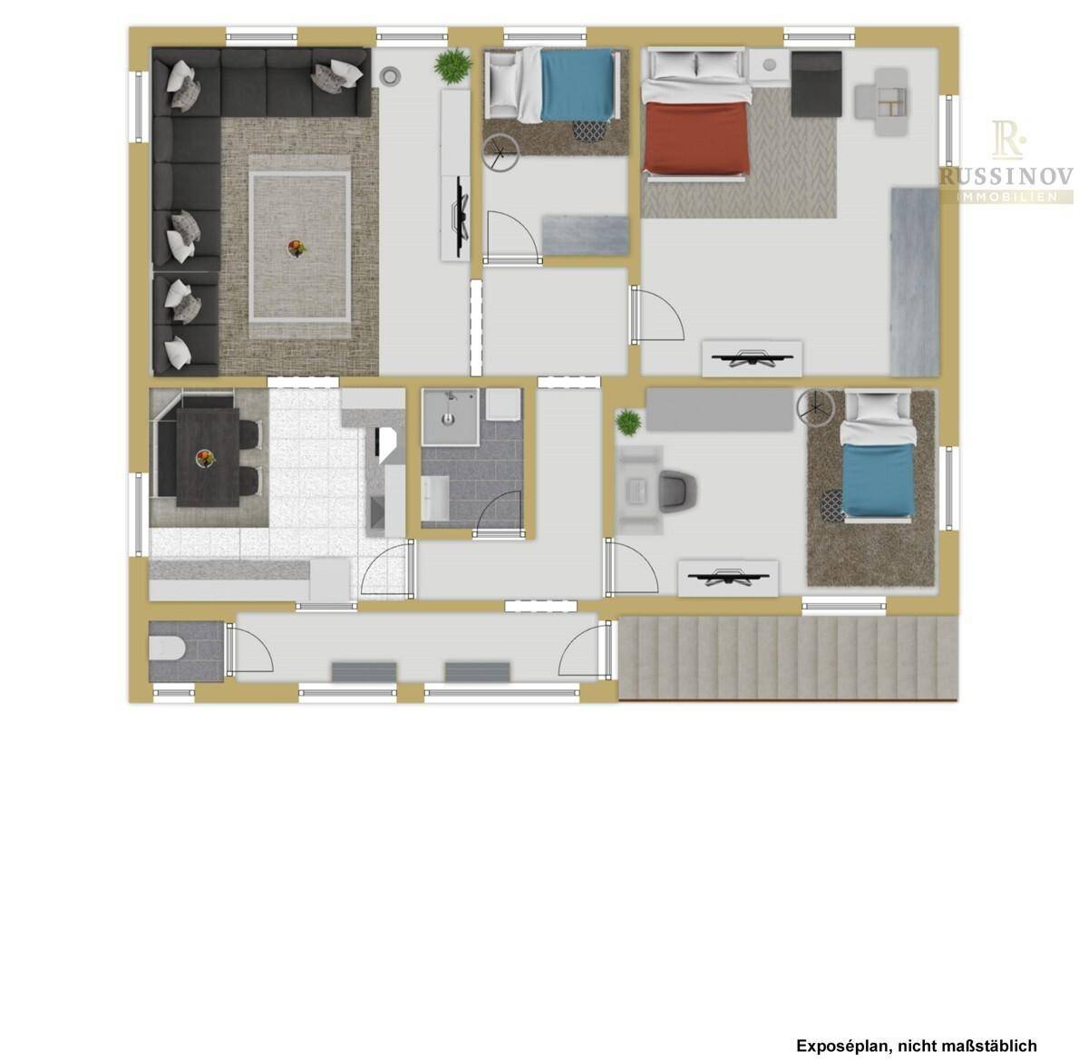 Grundriss des Obergeschosses mit Wohnzimmer, Schlafzimmern und Badezimmern.