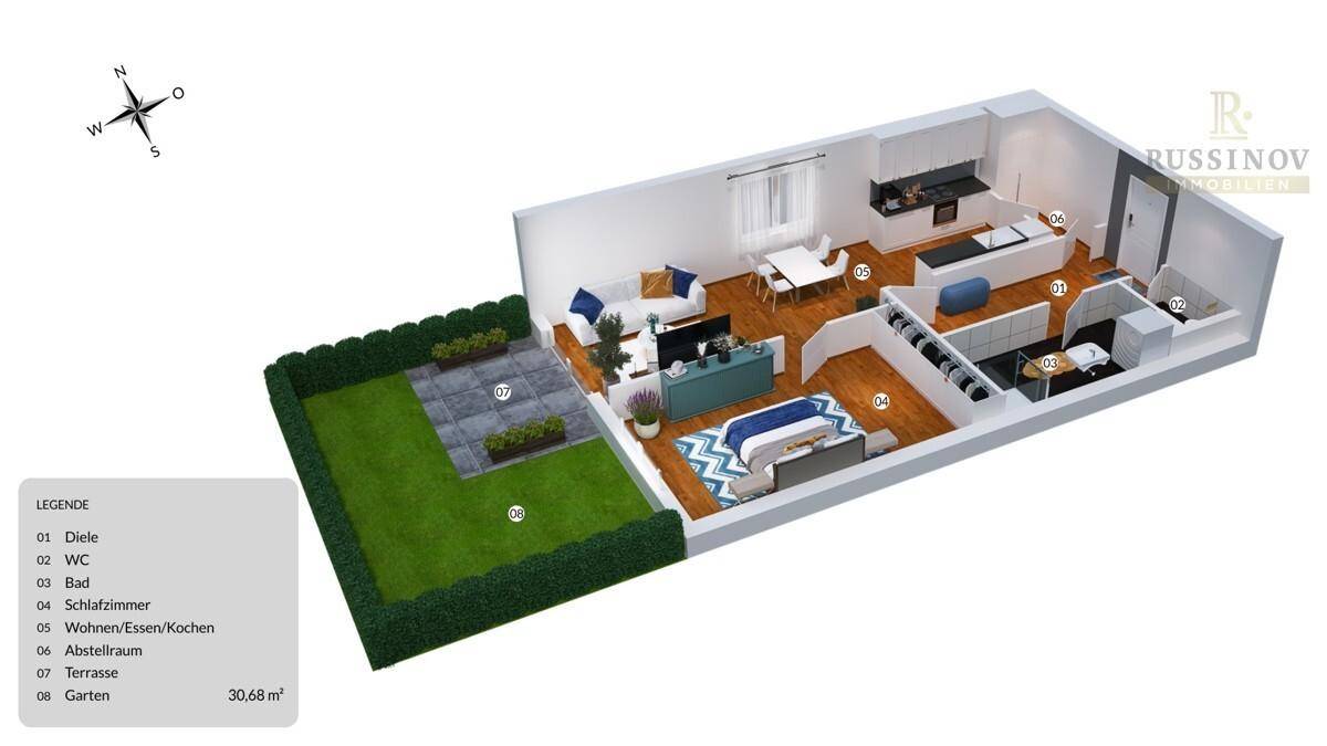 3D-Grundriss der Wohnung mit offenem Wohnbereich, Garten und Terrasse.