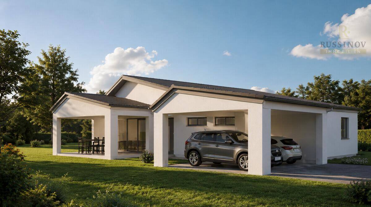 Visualisierung eines modernen Hauses mit großem Carport und überdachtem Essbereich im Freien.