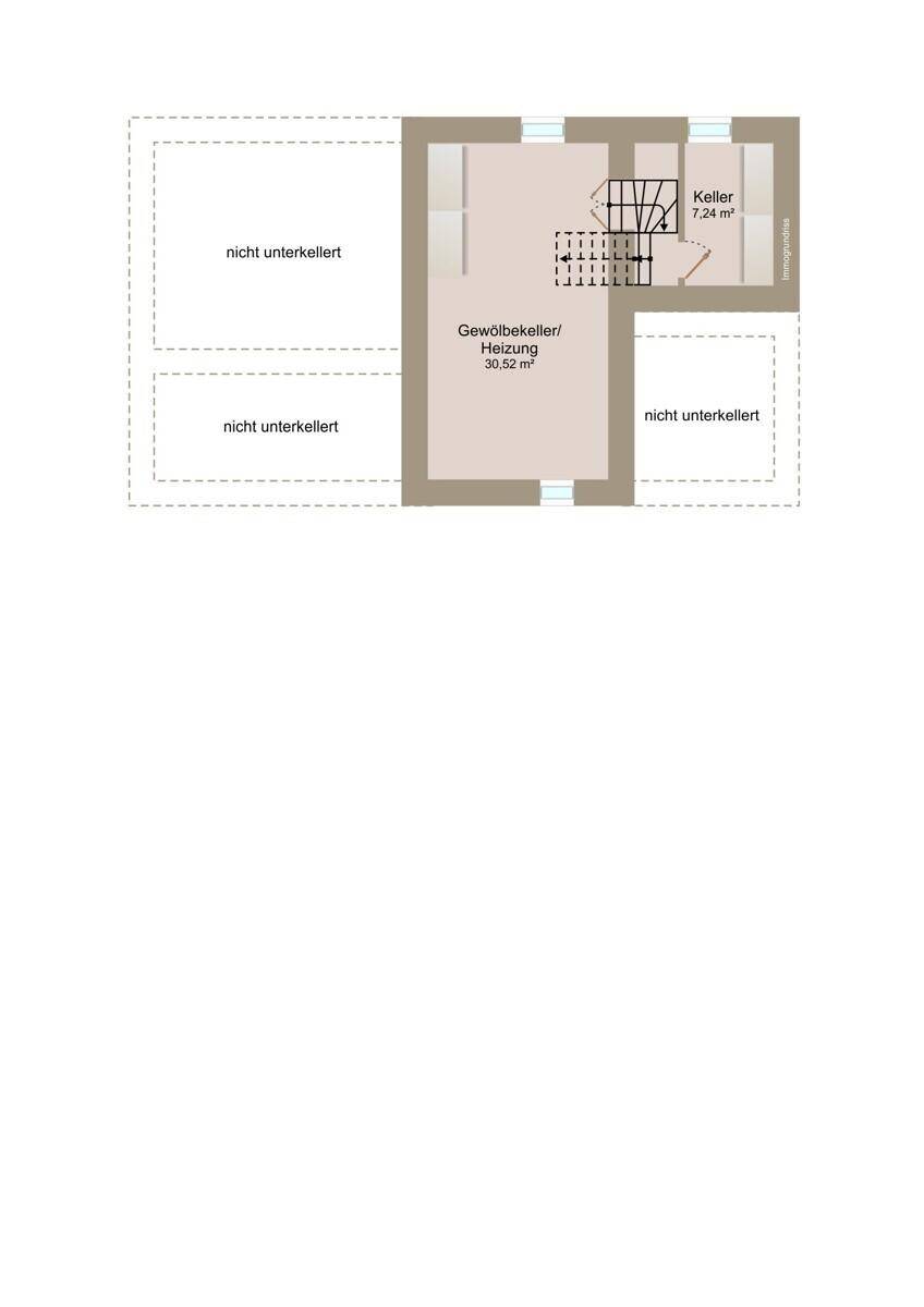 Grundriss des Kellergeschosses mit Gewölbekeller, Heizung und zusätzlichem Kellerraum.