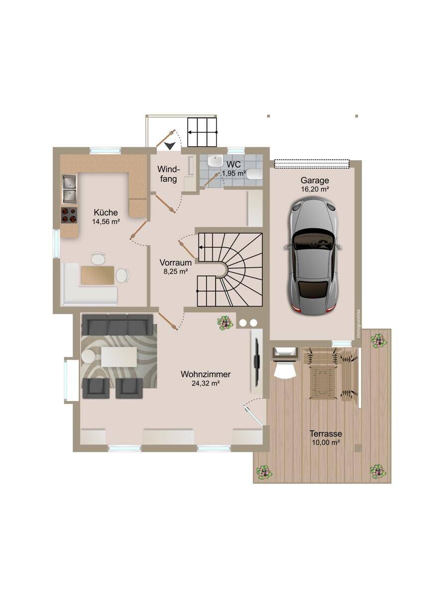 Grundriss des Erdgeschosses mit Küche, Wohnzimmer, WC, Garage und Terrasse.