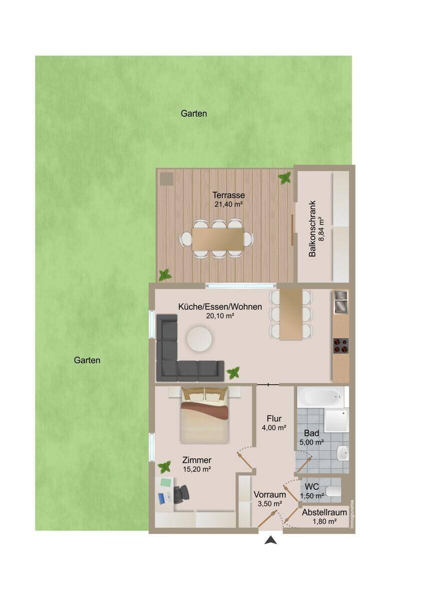 Grundriss einer Wohnung im Erdgeschoss mit offenem Wohnbereich, Schlafzimmer, Bad, separatem WC, Terrasse und Garten.