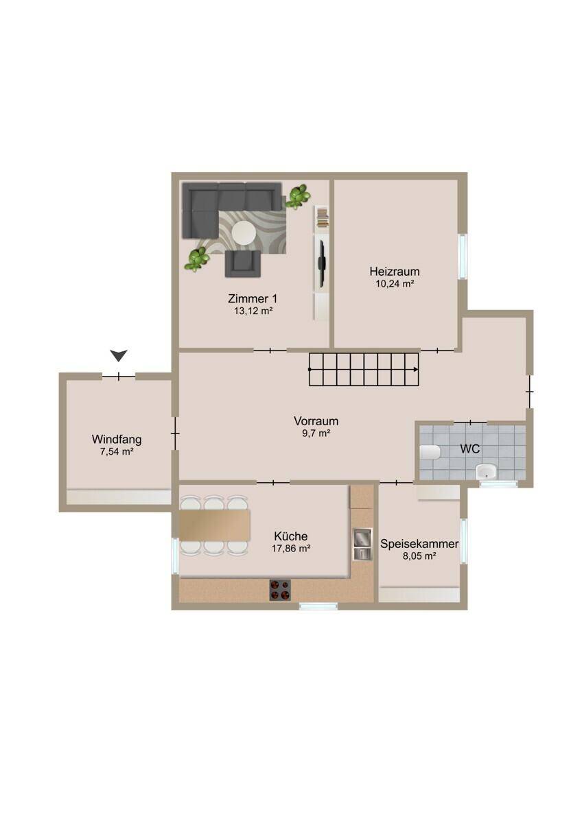 Grundriss des Erdgeschosses mit Wohnzimmer, Küche, Speisekammer und separatem WC.