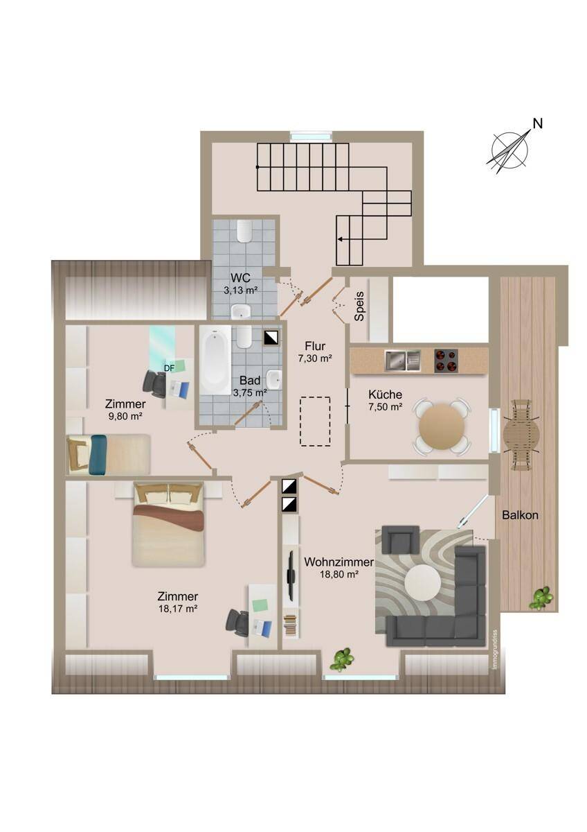 Grundriss einer weiteren Etage mit Wohnzimmer, Küche, zwei Zimmern und Balkon.