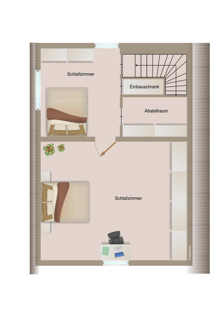 Grundriss des Obergeschosses mit zwei Schlafzimmern, Einbauschrank und Abstellraum.