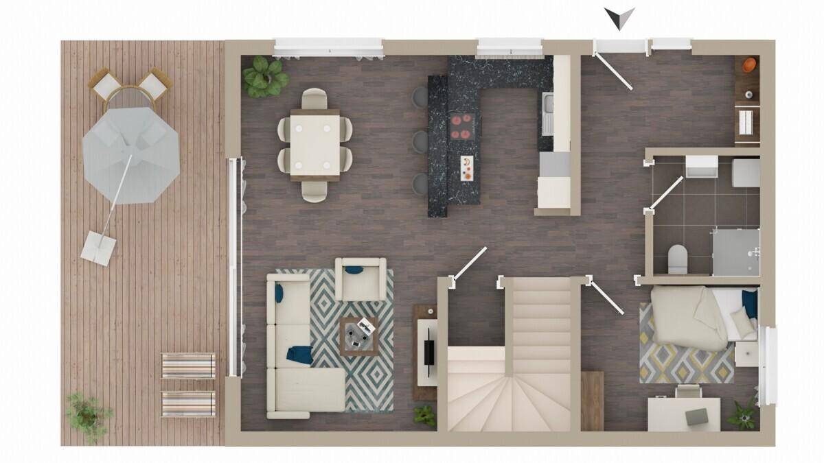 Grundriss des Erdgeschosses mit offenem Wohnbereich, Küche mit Insel, Schlafzimmer und großer Terrasse.