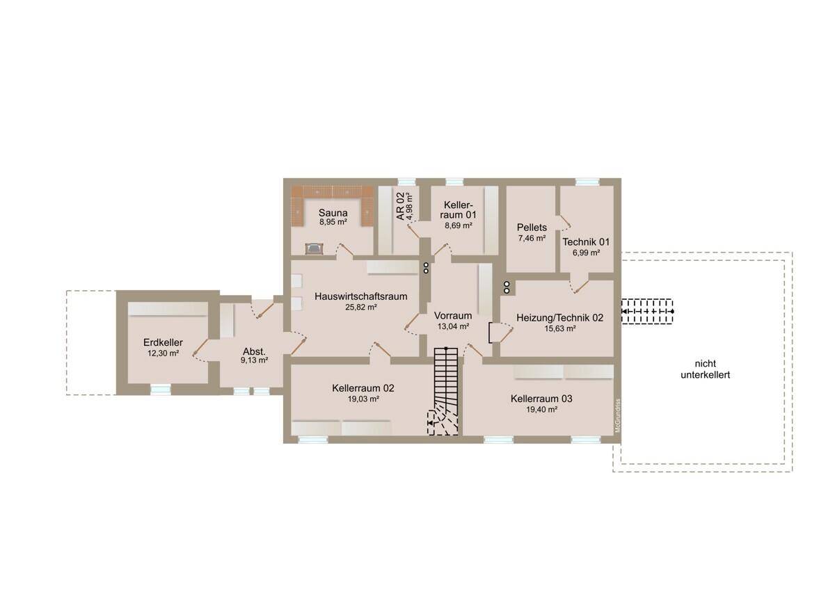Grundriss des Untergeschosses mit Sauna, Hauswirtschaftsraum und mehreren Kellerräumen.