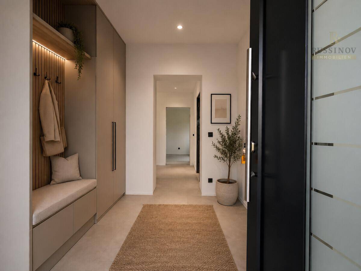 Moderner Eingangsbereich mit integrierter Garderobe, Sitzbank und heller Beleuchtung.
