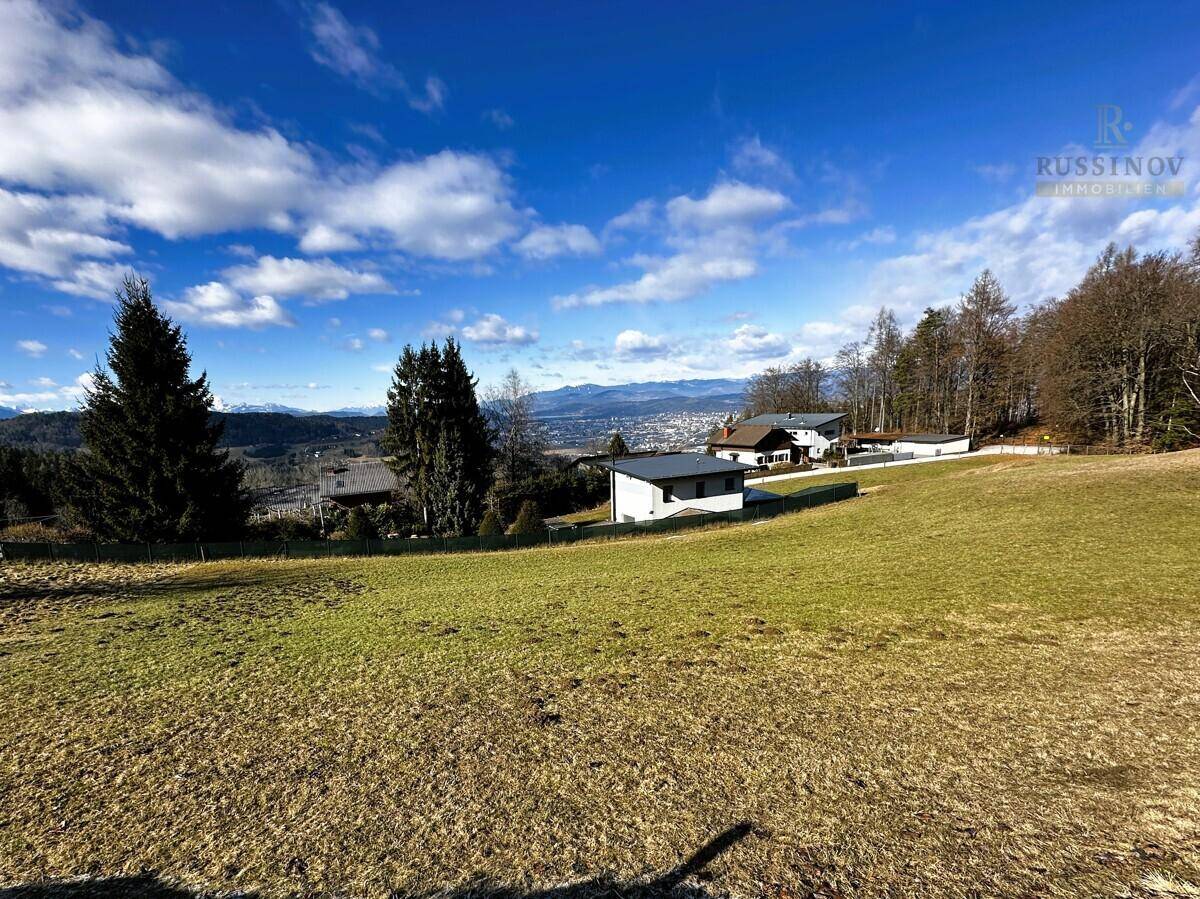 Weitläufige Grünfläche mit Blick auf moderne Häuser, Wald und die umliegende Berglandschaft unter blauem Himmel.
