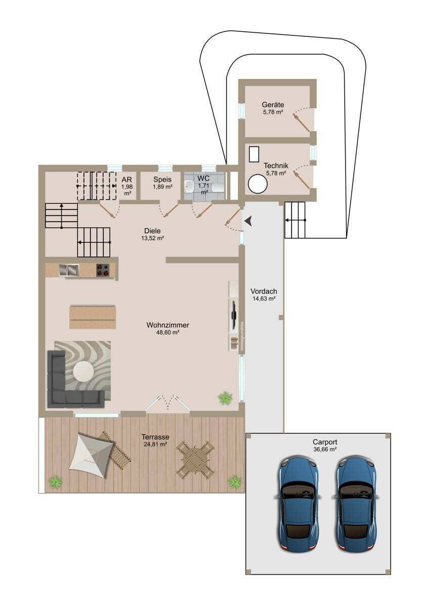 Grundriss des Erdgeschosses mit offenem Wohnbereich, Terrasse und Carport für zwei Fahrzeuge.