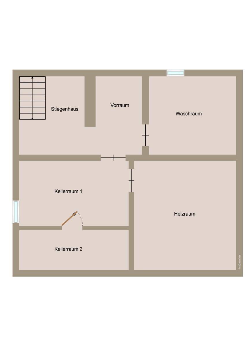 Grundriss des Kellers mit Vorraum, Waschraum, Heizraum und zwei Kellerräumen für Lagerung.
