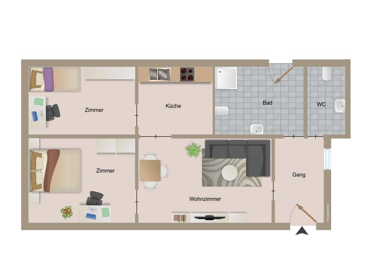 Grundriss einer Wohnung mit zwei Schlafzimmern, separater Küche, Wohnzimmer, Bad und Gäste-WC.
