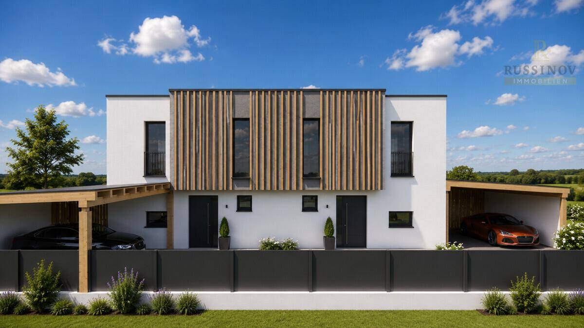 Moderne Hausfassade mit Holzlamellen, Flachdach und zwei Carports für Fahrzeuge.