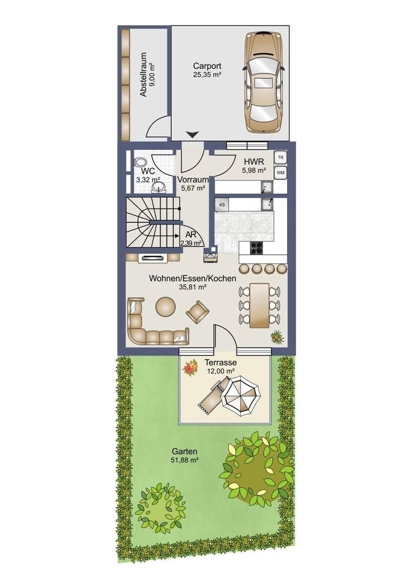 Detaillierter Grundriss des Erdgeschosses mit Wohn-Essbereich, Küche, Terrasse und Garten.