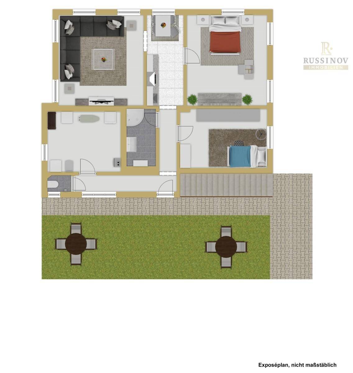 Grundriss des Erdgeschosses mit Wohnbereich, Schlafzimmern und Garten.