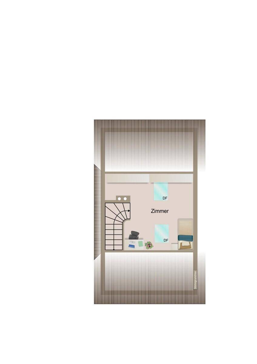Alternativer Grundriss des Dachgeschosses mit einem Zimmer und Dachfenstern.