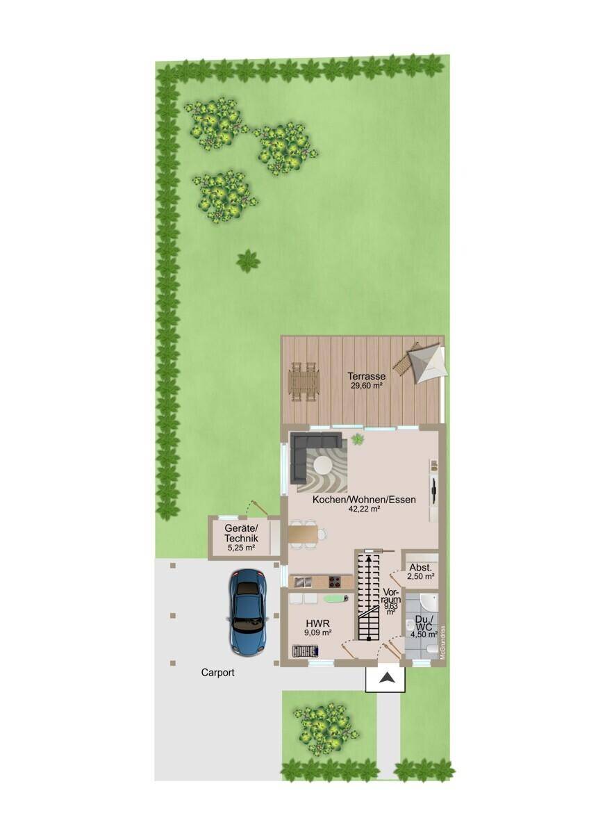 Grundriss des Erdgeschosses mit offenem Wohn-Essbereich, Terrasse und Carport.