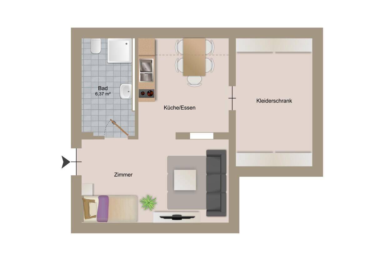 Kompakter Grundriss einer Wohnung mit Bad, Küchen-/Essbereich und Wohn-/Schlafzimmer.