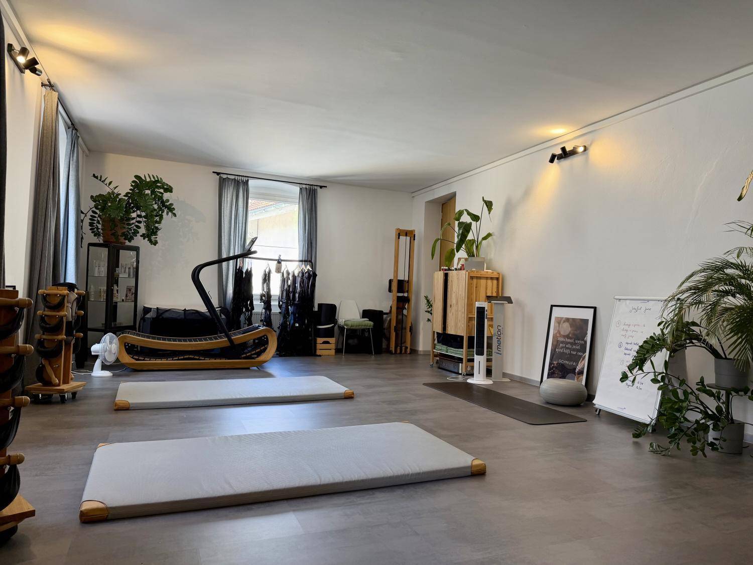 Weitläufiger Studiobereich mit verschiedenen Trainingsgeräten, Gymnastikmatten und großen Fenstern für viel Tageslicht.