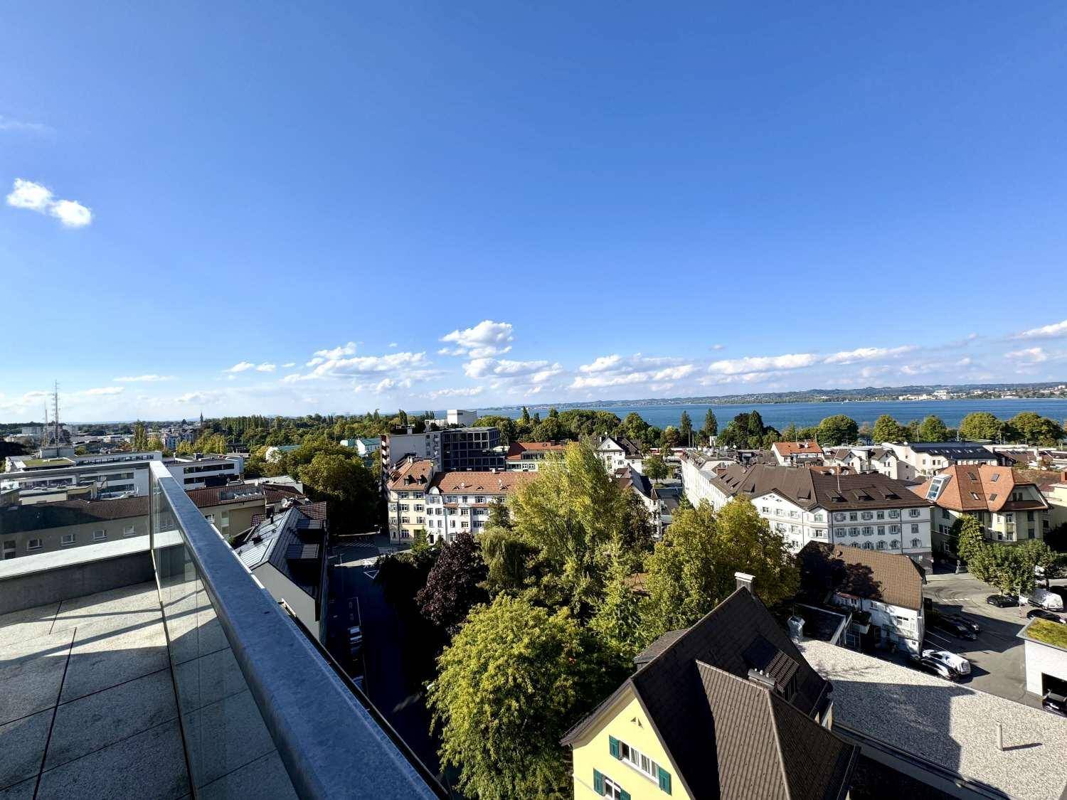 Weitläufiger Blick von einer erhöhten Position über die Stadt und den See mit moderner Glasbrüstung.