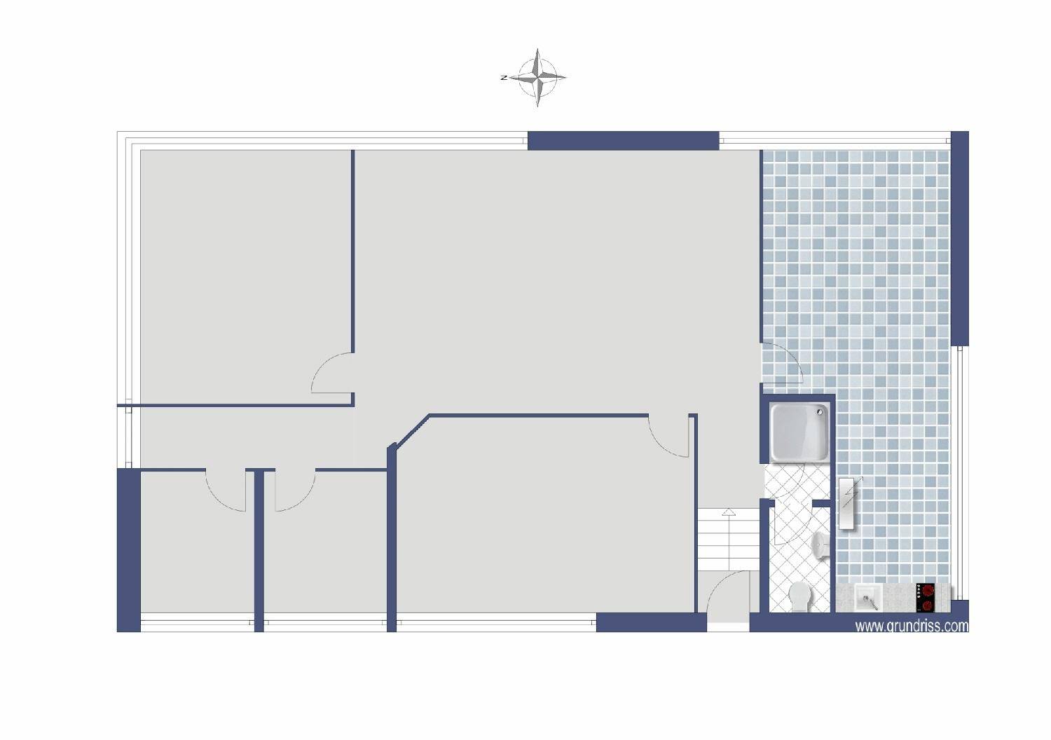 Grundriss einer Etage mit mehreren Räumen, einem Badezimmer und einem Treppenhaus.
