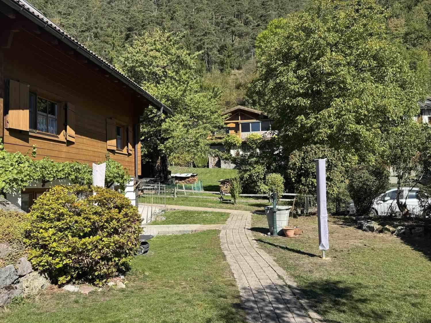 Gepflegter Gartenbereich mit Steinweg und üppiger Vegetation in ländlicher Umgebung.
