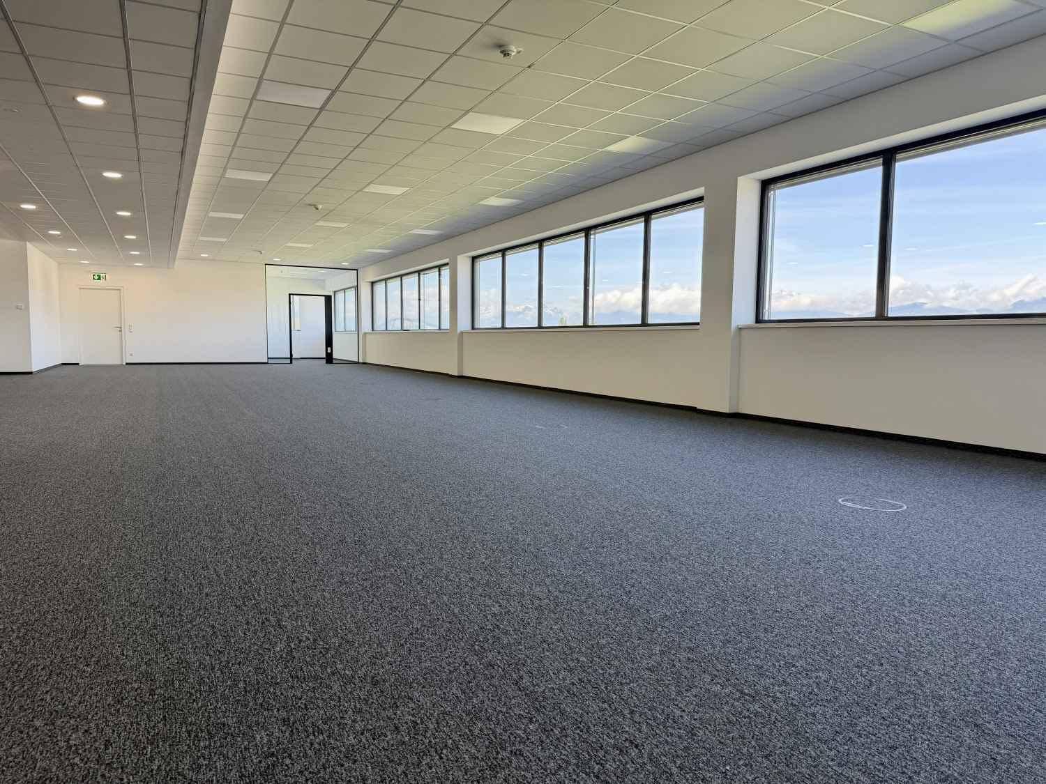 Ein großer, leerer Büroraum mit Teppichboden, abgehängter Decke und weitem Ausblick durch die Fenster.