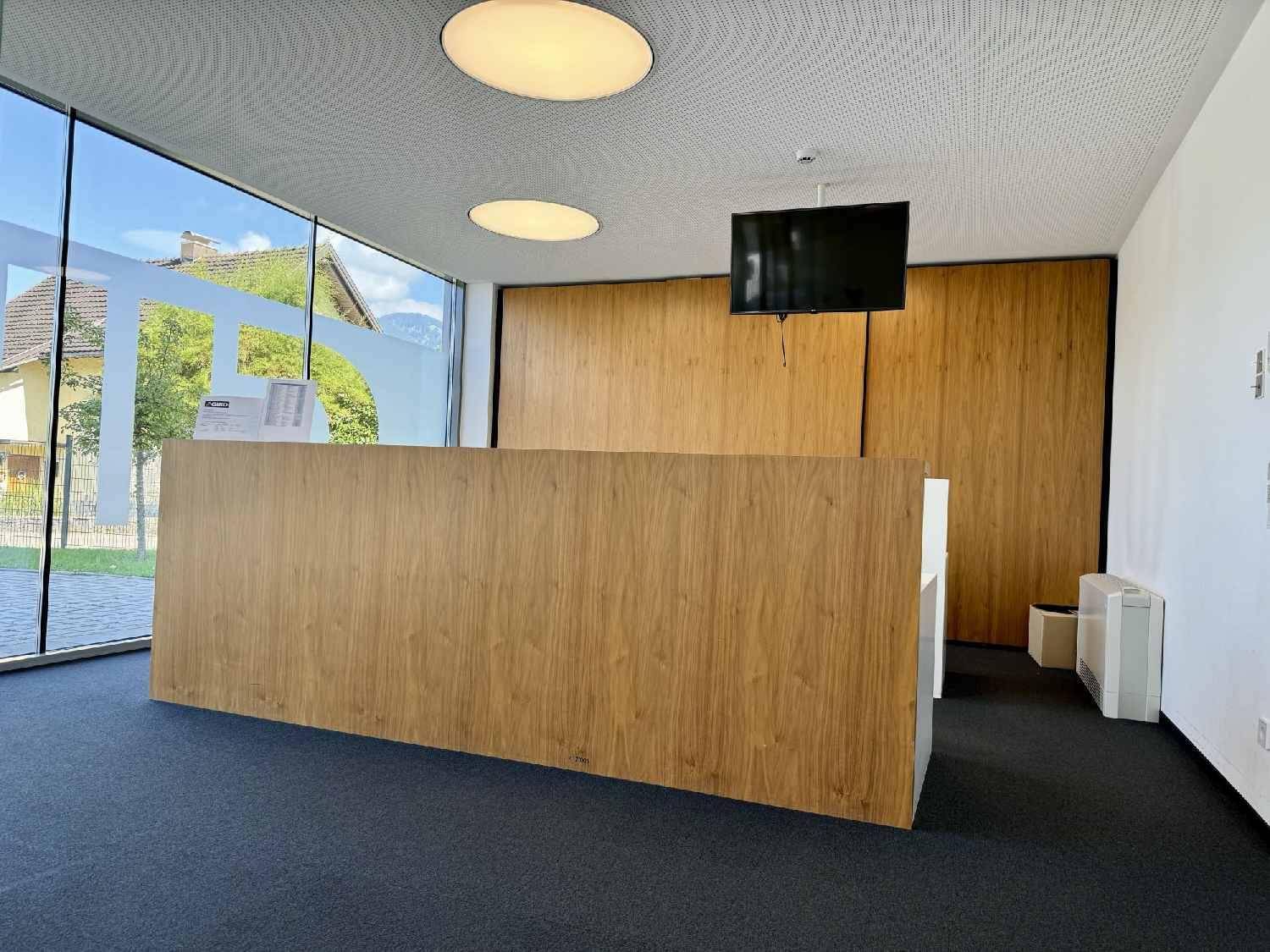 Heller Empfangsbereich mit eleganter Holztheke, großen Glasfronten und modernem Design.